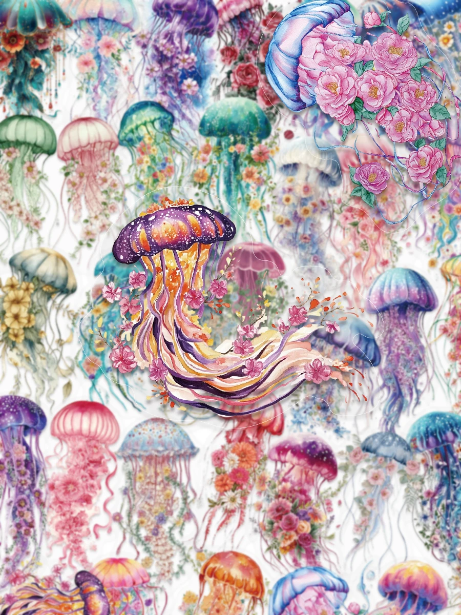 50pcs Multicolored Jellyfish Stickers, Waterproof PET Stickers, Suitable For Decorating Phones, Notebooks, Luggage, Skateboards, Helmets, And More. - Multicolor - View 1