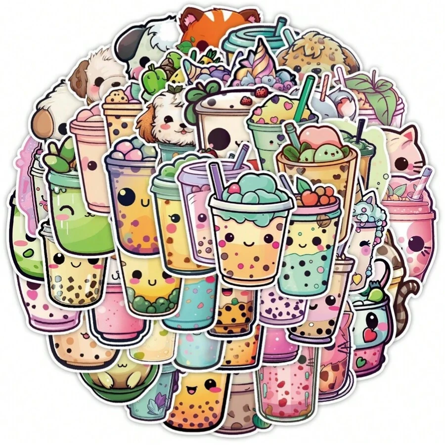 50pcs Pearl Milk Tea Stickers, Cute Cartoon Stickers, Pearl Milk Tea Merchandise, Pearl Milk Tea Gift Merchandise, Pearl Milk Tea Decals, Fun Pearl Milk Tea Vinyl Waterproof Stickers, Suitable For Laptops, Bumpers, Skateboards, Water Bottles, Computers, Phones, Bobs Burgers Stickers, Ice Cream Stickers - 7*6*1 - View 1