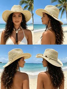 Eshat Panama Straw Hat, Shell Chain Cowboy Straw Hat, Straw Sun Hat, Beach Vacation Straw Hat, Lightweight Breathable UV Protection Sun Hat, Suitable For Travel, Daily Wear, Holiday Gift - Straw Cross-stitch Panama Hat - View 3
