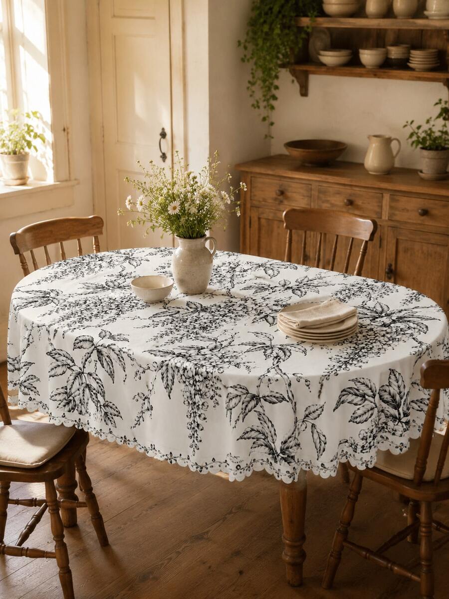 Wisteria Tablecloth, Elegant Black & White Floral Print Polyester Round Tablecloth With Scalloped Edge, Vintage Botanical Style Linen For Kitchen, Dining Room, Farmhouse, Patio, Wedding And Home Decor - Multicolor - View 1