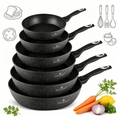 Poêles de différentes tailles, avec ou sans couvercle. Batterie de cuisine antiadhésive et résistante, facile à nettoyer et compatible avec tous les feux. Accessoires de cuisine idéaux pour les repas de famille, les restaurants et les fêtes.