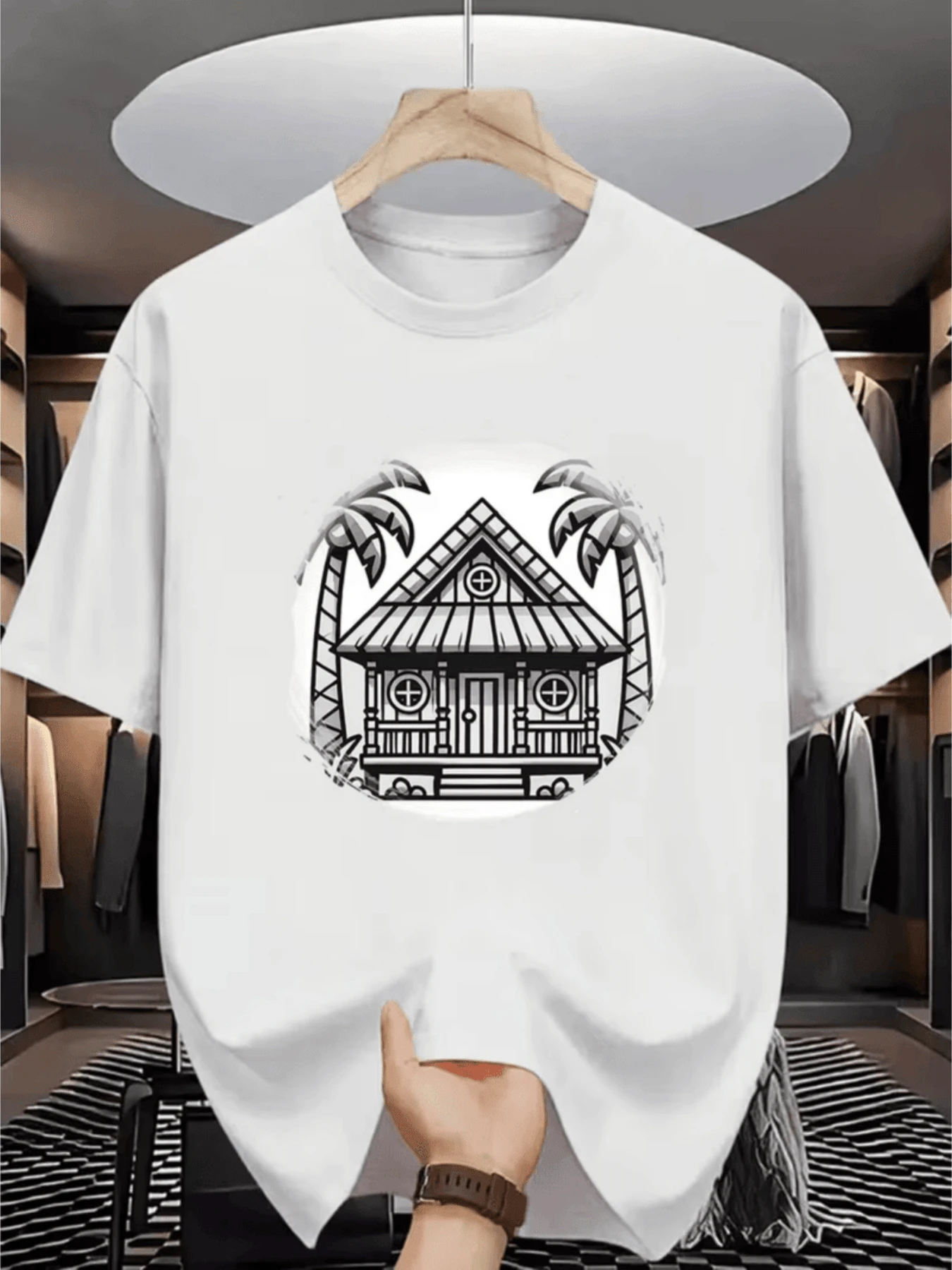 Casa tropical con palmeras símbolo de descanso y calma camiseta de hombre cómoda moderna casual - Blanco - Ver 1