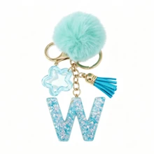 Llavero de letra A-Z con pompones rosa pastel, colgante de bolso y anillo de llaves elegante, accesorio festivo para bolso, regalo imprescindible para el Día de San Valentín/Cumpleaños/Año Nuevo - Turquesa - Ver 13