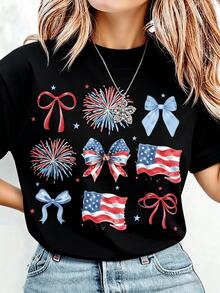 T-shirt décontracté à manches courtes pour femmes, orné de nœuds patriotiques et d'un imprimé du drapeau américain, col rond, en coton, idéal pour l'été. - Noir - Voir 1