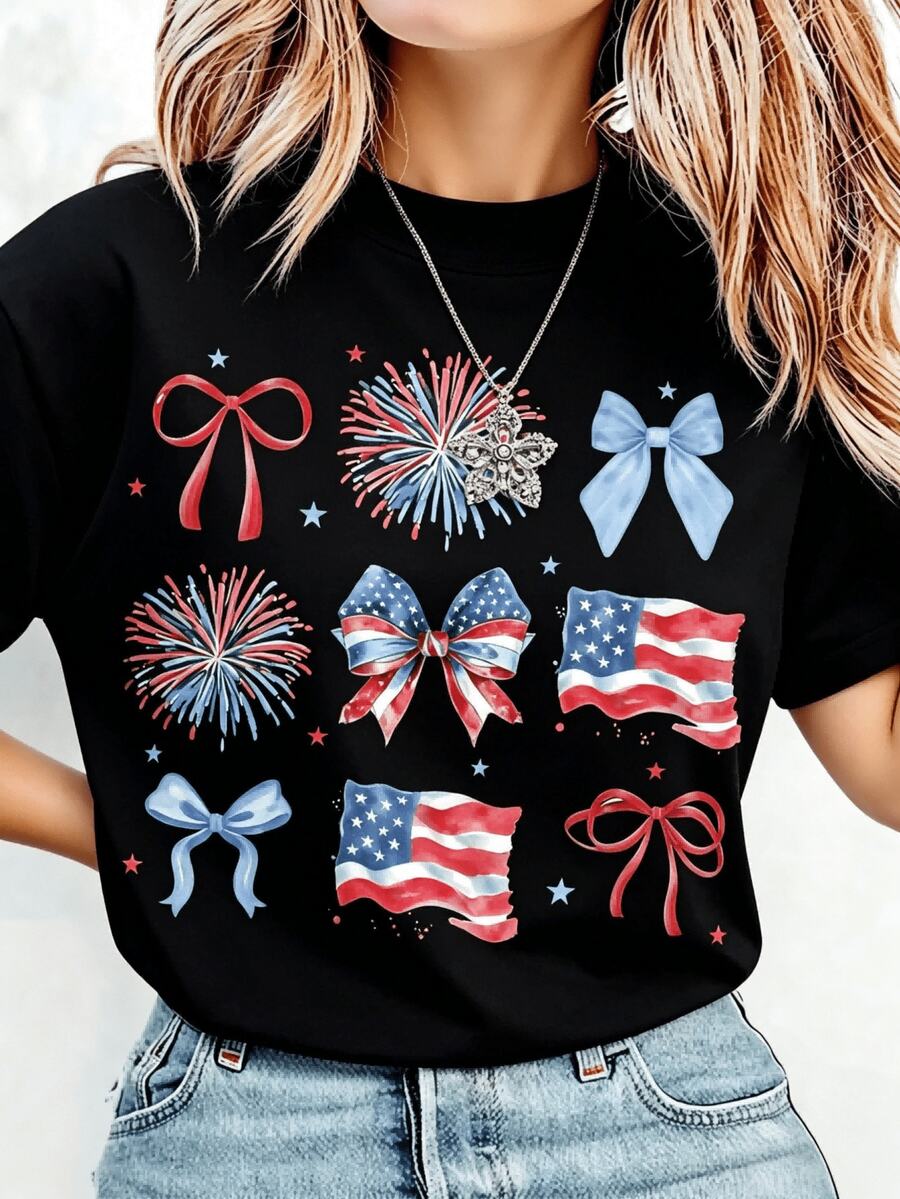 T-shirt décontracté à manches courtes pour femmes, orné de nœuds patriotiques et d'un imprimé du drapeau américain, col rond, en coton, idéal pour l'été. - Noir - Voir 1