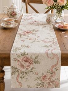 1pc Pink Rose Vintage Table Runner, French Country Floral & Bow Linen Tablecloth, Vintage Floral Dining Tablecloth, Suitable For Dining Room, Kitchen, Coffee Table, Tea Party - Multicolor - View 2