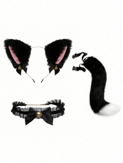 Cat Ear Tail, Wolf Fox Ear Long Tail And Bell Lace Collar Set, Suitable For Halloween, Animal Cosplay Party Costume