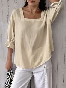 Women's Plus Size Short Sleeve Solid Color Square Neck Dropped Shoulder Lotus Ruffle Cuff Summer Blouse - Apricot - View 3