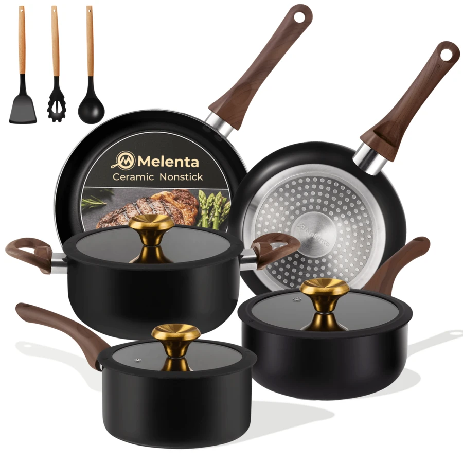 M MELENTA Pots And Pans Set Non Stick, 11-Piece Black Ceramic Cookware Set, Induction Hob Pan Set, Saucepan Set Non Stick With Lids,Apartment Dorm Cookware Budget Non-Stick Cookware Sets,Compact Size For 1-3 Persons Meal