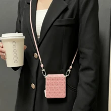 Ins Fashion Pink Bamboo Basket Woven Texture Phone Case With Rhinestone Chain Crossbody Strap Compatible With Samsung Galaxy ZFlip7 Z Flip6 ZFlip 5 Zflip6 Zflip5 Shockproof Back Cover - Pink - View 7