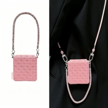 Ins Fashion Pink Bamboo Basket Woven Texture Phone Case With Rhinestone Chain Crossbody Strap Compatible With Samsung Galaxy ZFlip7 Z Flip6 ZFlip 5 Zflip6 Zflip5 Shockproof Back Cover - Pink - View 1