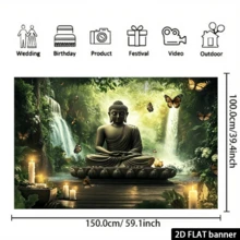 2D Flat Background Cloth, Featuring A Buddha Statue In Meditation, Surrounded By Green Plants And Flying Butterflies, With Radiant Trees And Waterfalls In The Background, Creating A Peaceful And Harmonious Atmosphere, Suitable For Indoor Decoration And Office Decor. - A - View 6
