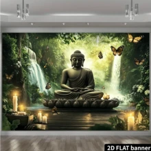 2D Flat Background Cloth, Featuring A Buddha Statue In Meditation, Surrounded By Green Plants And Flying Butterflies, With Radiant Trees And Waterfalls In The Background, Creating A Peaceful And Harmonious Atmosphere, Suitable For Indoor Decoration And Office Decor. - A - View 3