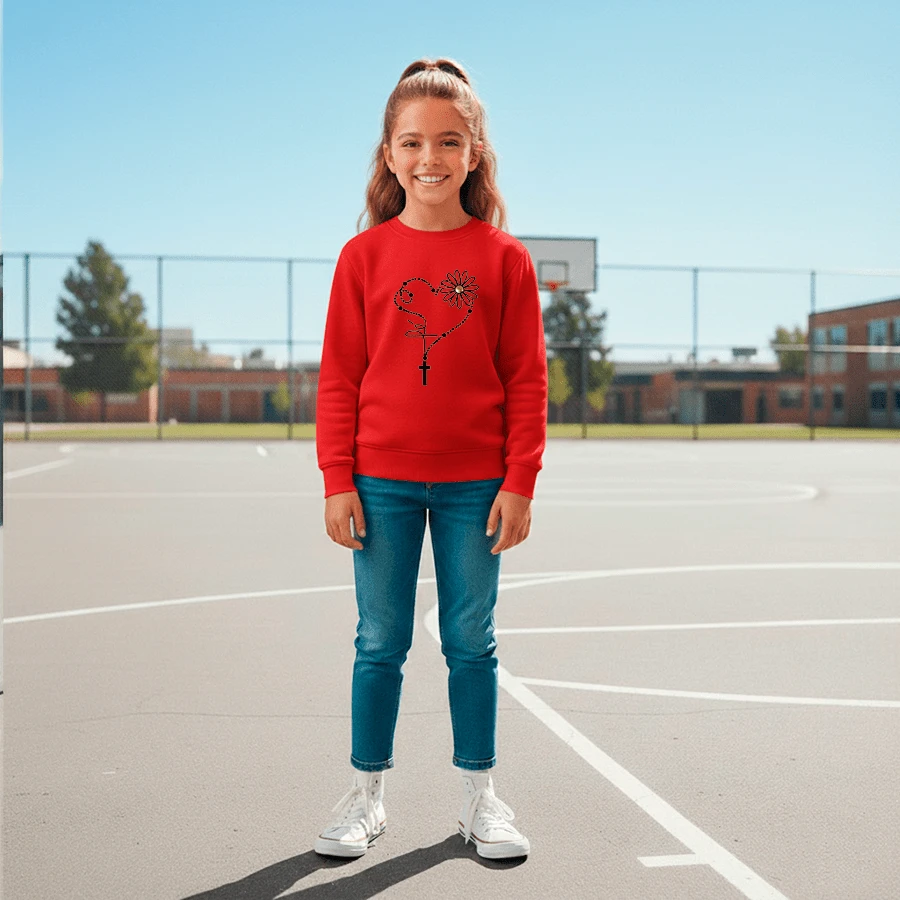 Girls' Crew Neck Sweatshirt, 100% Cotton, Rosary Sunflower Design, For Casual Wear - 紅色 - 查看 1