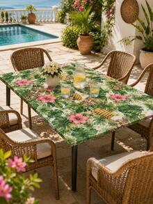 1 Stück wasserdichte elastische runde Tischdecke mit hawaiianischem Tiki-Masken- & Palmenmuster - tropische Luau-Tischdecke für Terrasse, Heimdekoration, Raumdekoration, Garten, Hochzeit, Poolparty & Sommergrillen - A - Übersicht 6