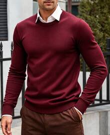 Men's Crew Neck Sweater Soft Casual Sweaters For Men Classic Pullover Sweaters With Ribbing Edge - Màu Đỏ Sâu - Xem 1