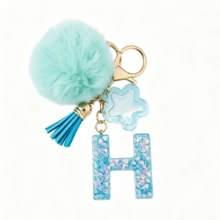 Llavero de letra A-Z con pompones rosa pastel, colgante de bolso y anillo de llaves elegante, accesorio festivo para bolso, regalo imprescindible para el Día de San Valentín/Cumpleaños/Año Nuevo - Turquesa - Ver 29