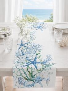 1 Stück Meeres-Thema Aquarell Tischläufer, Meereslebewesen Seestern Muschel Tischdecke Abdeckung, Nautisches Blau Esstischdecke, geeignet für Esszimmer, Küche, Couchtisch, Heimdekoration - Verschiedenfarbig - Übersicht 1