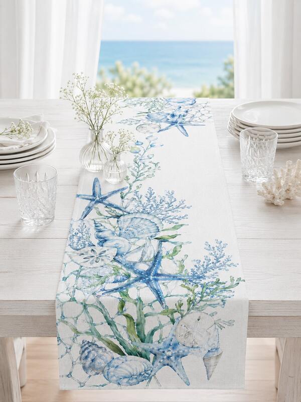 1pc Ocean Theme Watercolor Table Runner, Marine Life Starfish Shell Tablecloth Cover, Nautical Blue Dining Tablecloth, Suitable For Dining Room, Kitchen, Coffee Table, Home Decor