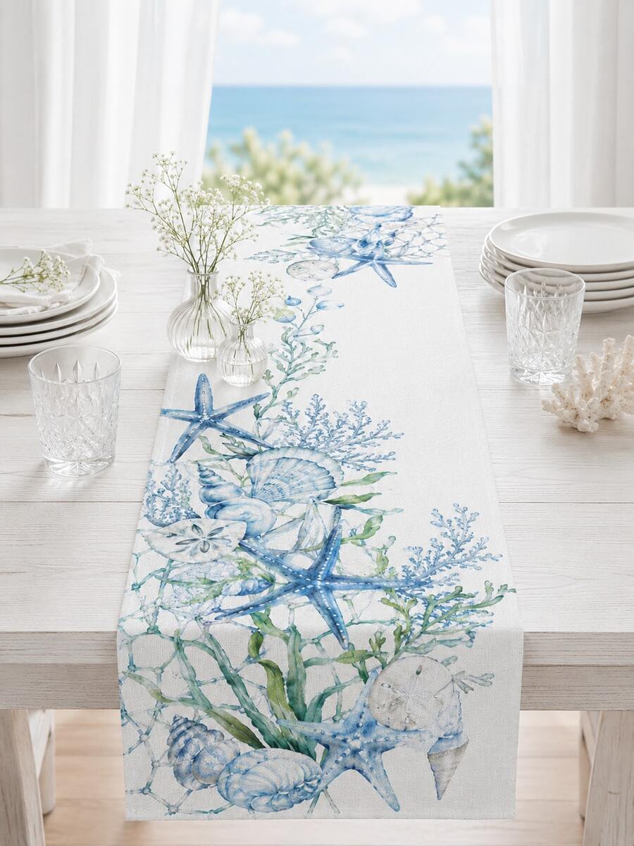 1 Stück Meeres-Thema Aquarell Tischläufer, Meereslebewesen Seestern Muschel Tischdecke Abdeckung, Nautisches Blau Esstischdecke, geeignet für Esszimmer, Küche, Couchtisch, Heimdekoration - Verschiedenfarbig - Übersicht 1