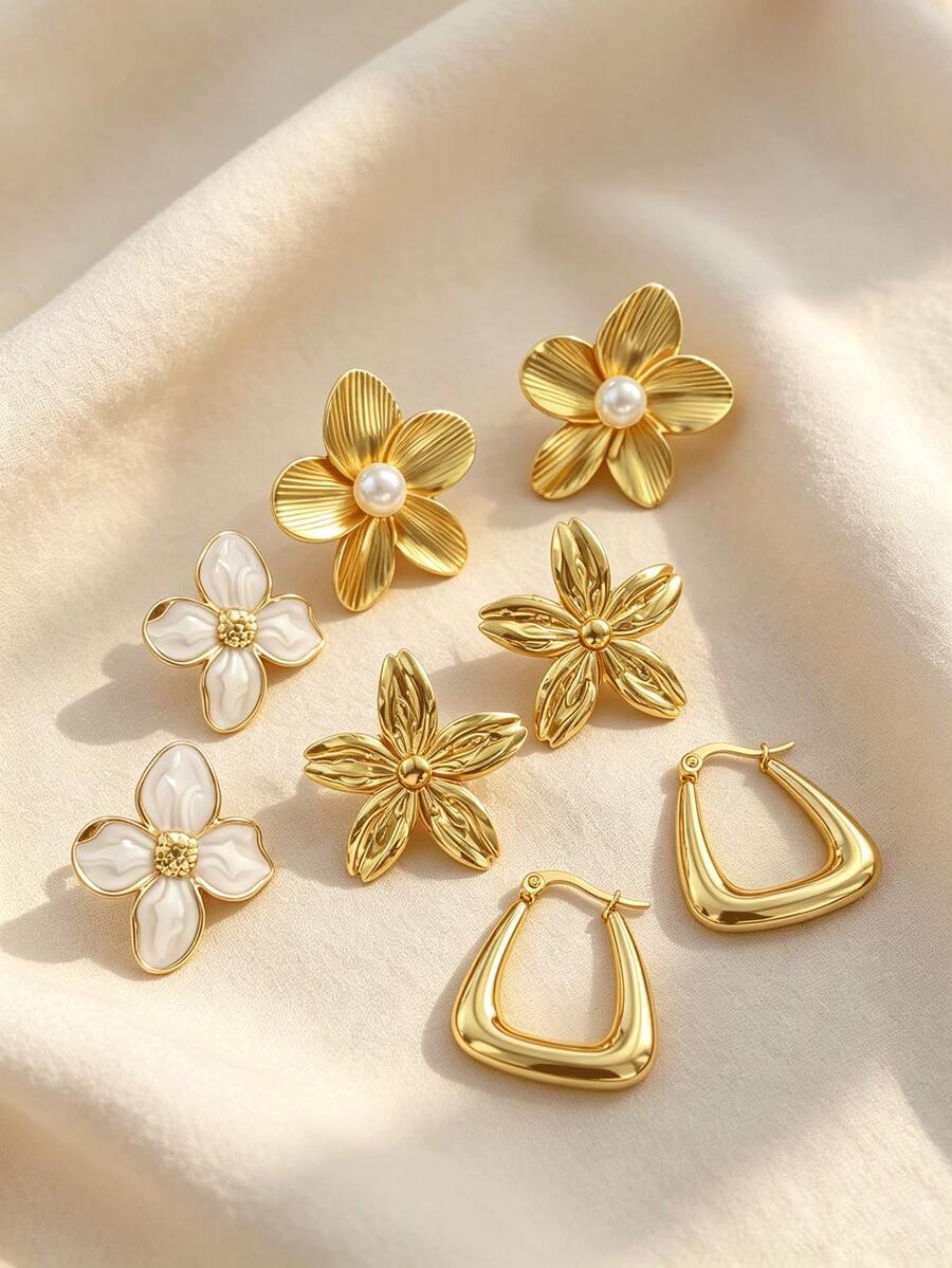 4 Paar Blumen-Ohrring-Set, große Perlen-Ohrstecker, Dreieck-Anhänger-Ohrringe, goldene Emaille-Weiße-Blumen-Ohrringe, eleganter Blumenschmuck mit Blütenblatt-Struktur, Vintage-Ohrringe, geeignet für tägliches Pendeln, Partys, Hochzeiten, verschiedene Anlässe - Verschiedenfarbig - View 1