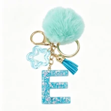 Llavero de letra A-Z con pompones rosa pastel, colgante de bolso y anillo de llaves elegante, accesorio festivo para bolso, regalo imprescindible para el Día de San Valentín/Cumpleaños/Año Nuevo - Turquesa - Ver 14