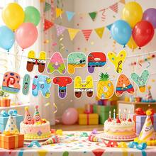 Sponge Theme Happy Birthday Banner Colorful Letter Banner Birthday Party Scene Decoration Photo Backdrop Baby Room Decor - Multicolor - View 2