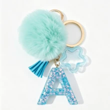 Llavero de letra A-Z con pompones rosa pastel, colgante de bolso y anillo de llaves elegante, accesorio festivo para bolso, regalo imprescindible para el Día de San Valentín/Cumpleaños/Año Nuevo - Turquesa - Ver 20