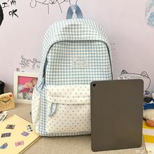 Mochila de patchwork a cuadros & lunares, mochila escolar de cordón estilo femenino para estudiantes, mochila ligera estilo academia japonesa - Multicolor - Ver 10