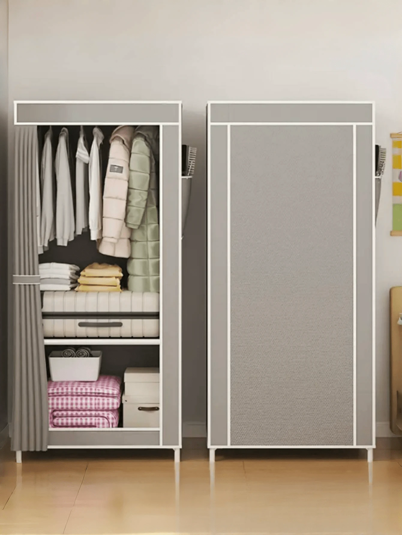 1pc Portable Closet Organizer, Multi-Functional Fashion Wardrobe With Dust-Proof Feature, Freestanding Display Floor-Standing Assembly Storage Rack With Curtain, Storage Cabinet For Bedroom And Living Room, Holiday Gift, Christmas Gift, Children's Gift,Dorm Room - Multicolor - View 1