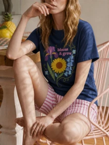 Women's Blue Sunflower Print Short Sleeve T-Shirt And Striped Shorts Pajama Set - Blue - View 2