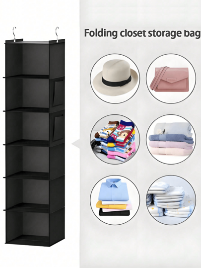1 pieza Organizador colgante de armario de seis niveles diseñado para armarios. Este estante plegable de varios niveles cuenta con bolsillos laterales y ganchos. Almacenamiento de armario, bolsas colgantes de varios niveles, plegable, bolsas colgantes de almacenamiento, colgante de armario, montado en la pared de la cocina, gran capacidad