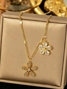 VceTd 1pc Minimalist Romantic Style Stainless Steel Pendant Necklace For Women With Glass Inlay Flower Design, Suitable For Daily Wear, Dating, Afternoon Tea, Or As A Holiday Gift For Women Or Loved Ones - RT101XL - View 7