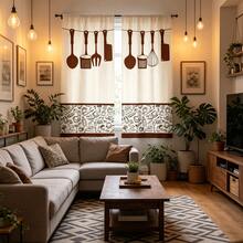 2 Stücke Vorhänge mit Kochutensilien-Muster in Creme & Kaffeebraun, minimalistische Küchendekoration mit Flachdruck, ohne Futter, ohne Kordeln - Verschiedenfarbig - Übersicht 7
