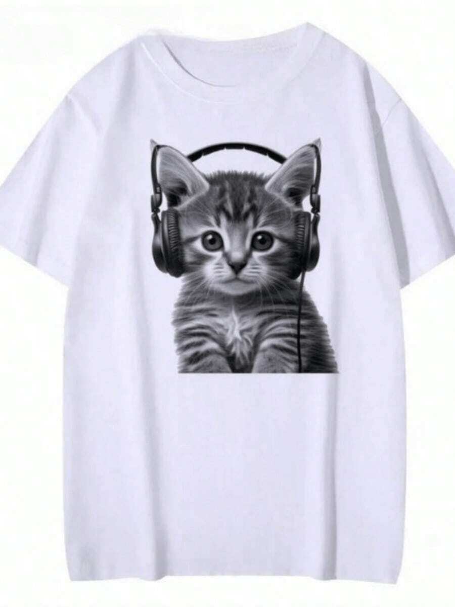 Gato con auriculares que transmite energía juvenil y pasión por la música moderna camiseta de hombre casual cómoda para diario - Blanco - Ver 1