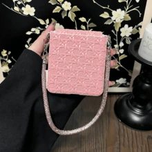 Ins Fashion Pink Bamboo Basket Woven Texture Phone Case With Rhinestone Chain Crossbody Strap Compatible With Samsung Galaxy ZFlip7 Z Flip6 ZFlip 5 Zflip6 Zflip5 Shockproof Back Cover - Pink - View 3