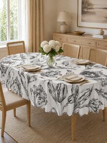 Taplak Meja Tulip, Taplak Meja Bundar Poliester Motif Bunga Hitam Putih Elegan dengan Tepi Bergelombang, Linen Botanikal Vintage untuk Dapur, Ruang Makan, Rumah Pertanian, Teras, Pernikahan, dan Dekorasi Rumah - MultiWarna - View 9
