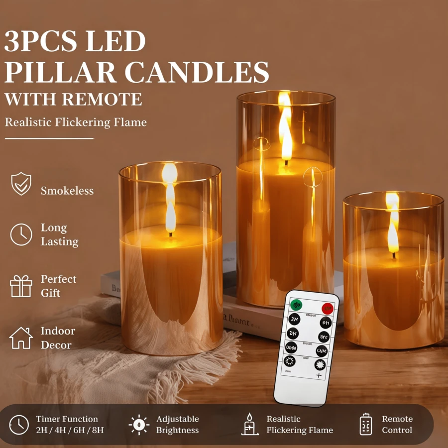 3 Sets Gold LED Flameless Candles With Remote Control, Battery Operated Flickering Candle Lights, Suitable For Home/Thanksgiving Christmas Tabletop Decoration