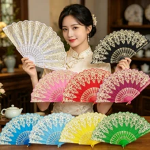 輕奢歐風蕾絲飾邊女用摺扇，精美蘭花印花，復古穿搭配件，夏季旅行、舞蹈表演、攝影裝飾手工扇 - A - 查看 3
