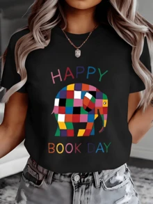 Elefante formado por cuadros multicolor que celebra la alegría y la lectura con texto Happy Book Day camiseta de mujer casual moderna - Negro - Ver 1