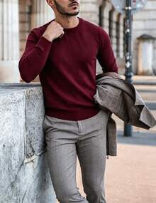 Men's Crew Neck Sweater Soft Casual Sweaters For Men Classic Pullover Sweaters With Ribbing Edge - Màu Đỏ Sâu - Xem 6