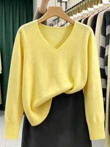 GIGOGOU Women's Basic Knit Pullover Sweater For Autumn/Winter, Soft And Comfortable V-Neck Casual Knit Top, Minimalist Style Yellow Fall - Yellow - View 1