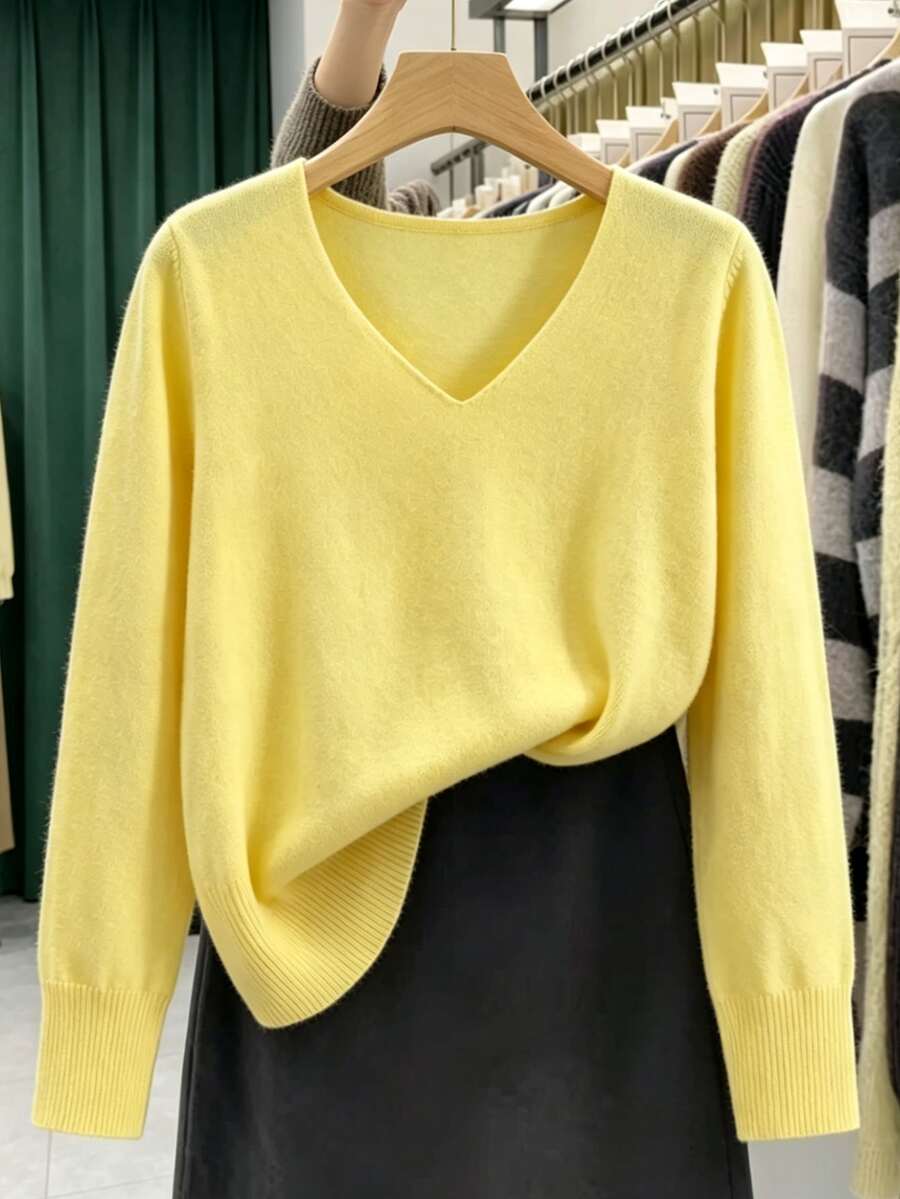 GIGOGOU Women's Basic Knit Pullover Sweater For Autumn/Winter, Soft And Comfortable V-Neck Casual Knit Top, Minimalist Style Yellow Fall - Yellow - View 1