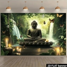 2D Flat Background Cloth, Featuring A Buddha Statue In Meditation, Surrounded By Green Plants And Flying Butterflies, With Radiant Trees And Waterfalls In The Background, Creating A Peaceful And Harmonious Atmosphere, Suitable For Indoor Decoration And Office Decor. - A - View 2
