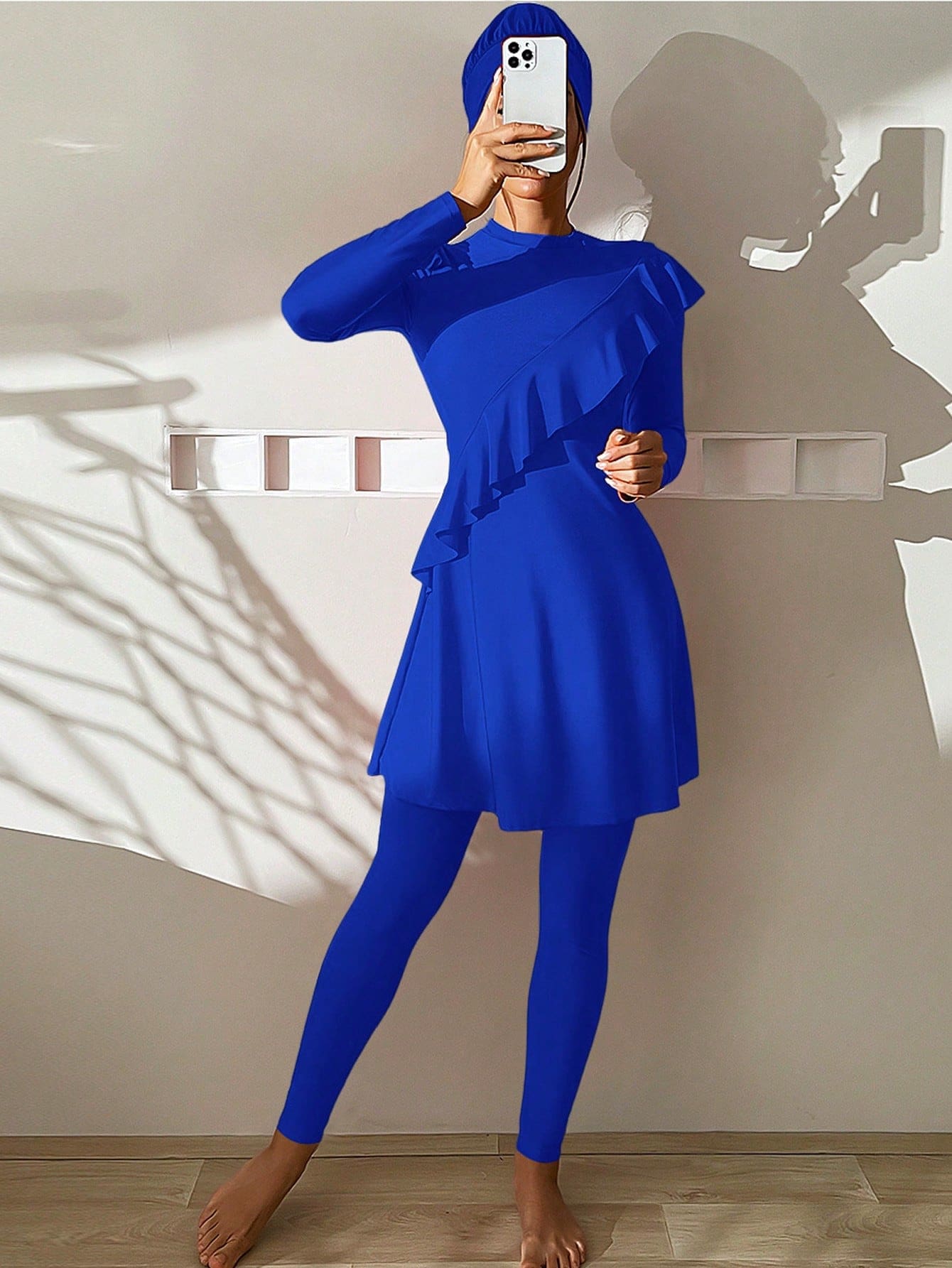 Solid Royal Blue Burkini Set, With Ruffle Details, Leggings And Headscarf, 3-Piece, Women's Modest Swimwear, Suitable For Summer Beach - Blue - View 1