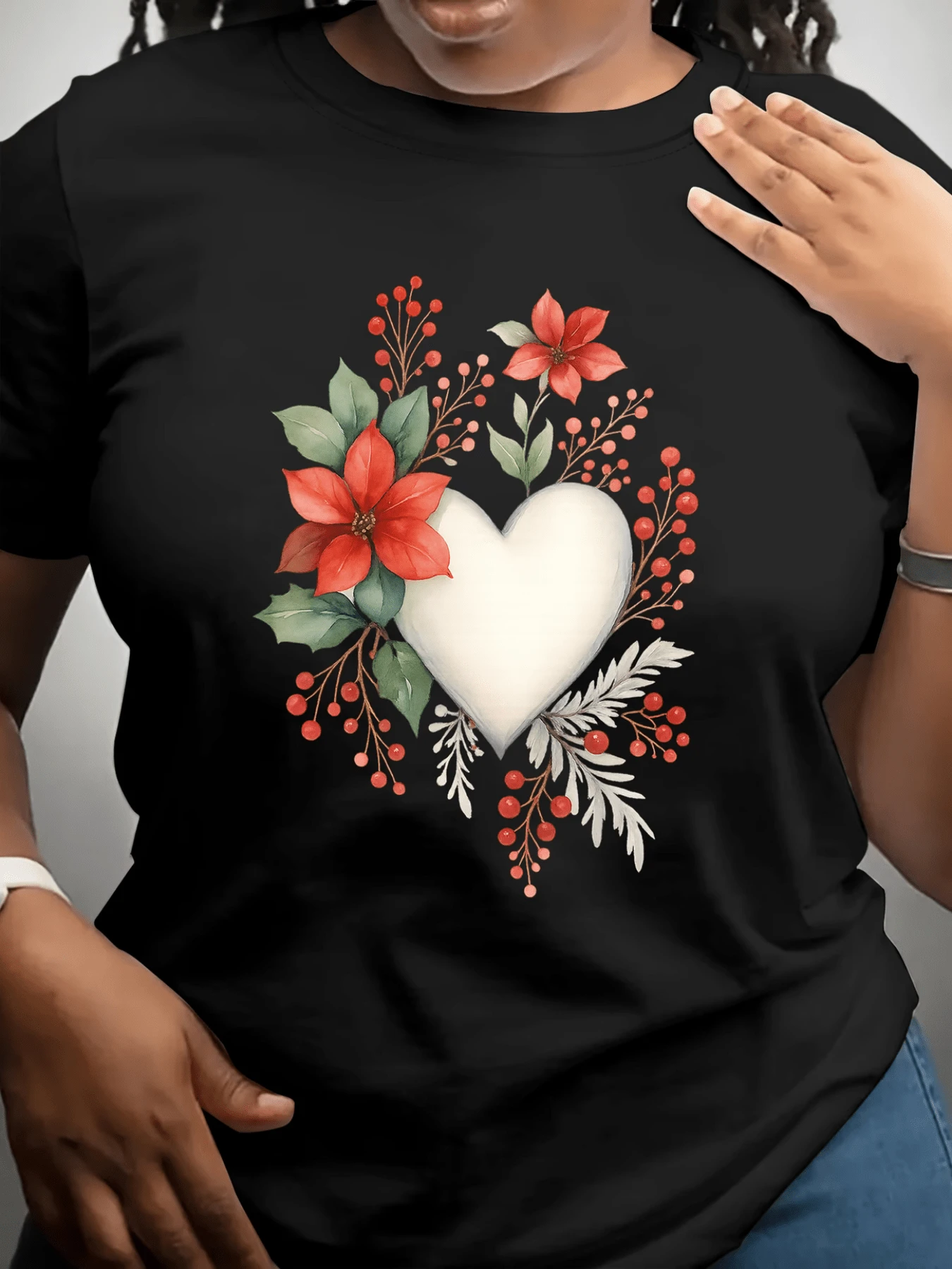 Corazón blanco rodeado de flores rojas y hojas verdes que simbolizan amor y esperanza camiseta de mujer elegante casual diaria - Negro - Ver 1