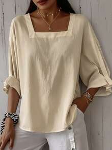 Women's Plus Size Short Sleeve Solid Color Square Neck Dropped Shoulder Lotus Ruffle Cuff Summer Blouse - Apricot - View 5