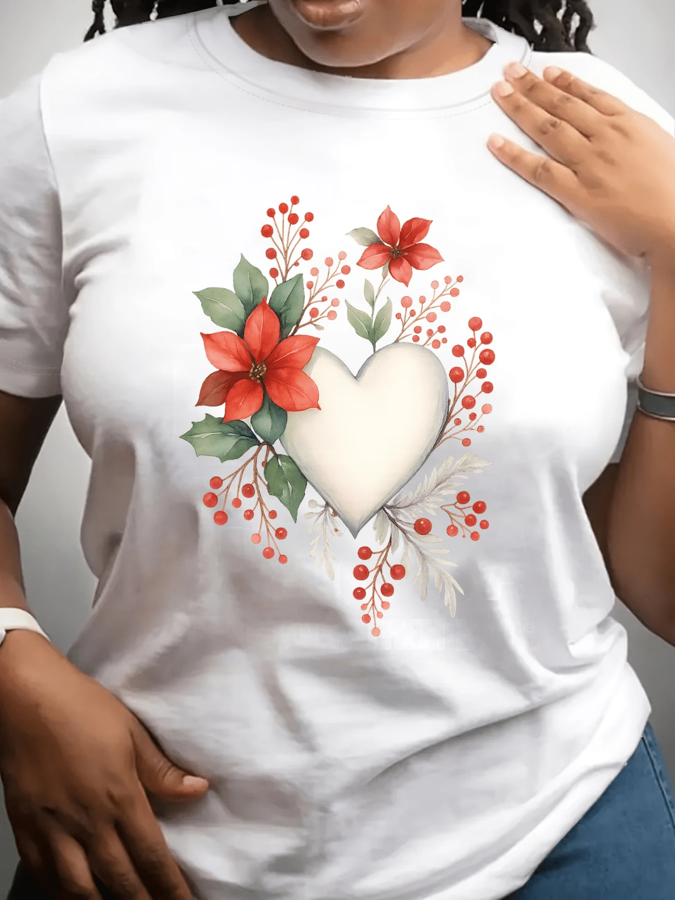 White Heart Surrounded By Red Flowers And Green Leaves Symbolizing Love And Hope. Elegant Casual Everyday Women's T-Shirt. - 白色 - 查看 1