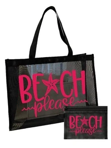 網格托特包套組，彩色「Please Beach」字樣與海星設計，網格化妝包，海灘手提包，休閒度假包，可折疊大容量游泳包，夏季必備，適合學校、度假、開學使用，送給朋友和老師的理想禮物 - 彩色 - 查看 15