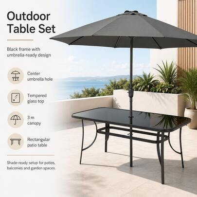 Ensemble de table en verre d'extérieur noir & parasol, auvent de parasol 3 * 2,26m, ensemble de table de loisirs pour jardin et patio
